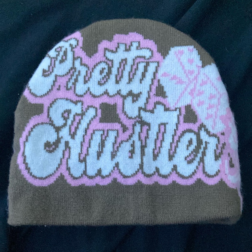 Brown Beanie with Pink and White Graphic